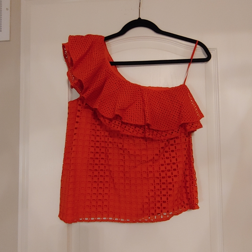 J.Crew Red One Shoulder Ruffle Eyelet Top - Picture 3 of 9